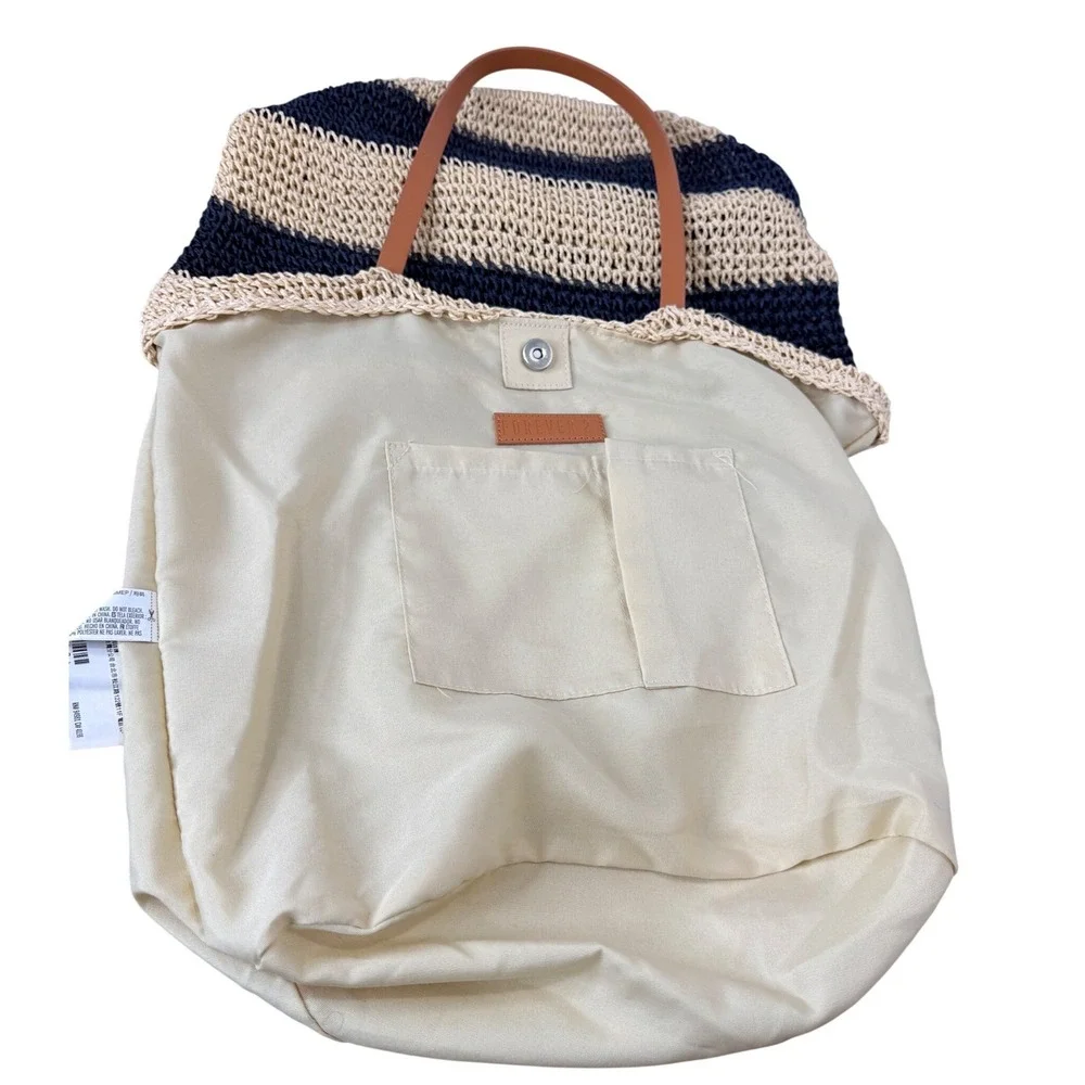 Forever 21 Straw Tote Bag Womens Navy Cream Striped‎ Woven Beach Summer Coastal